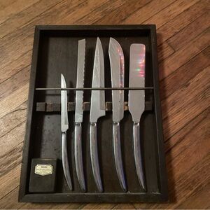 Vintage Mid Century Stainless Steel Knife Set with Brown Wooden Case